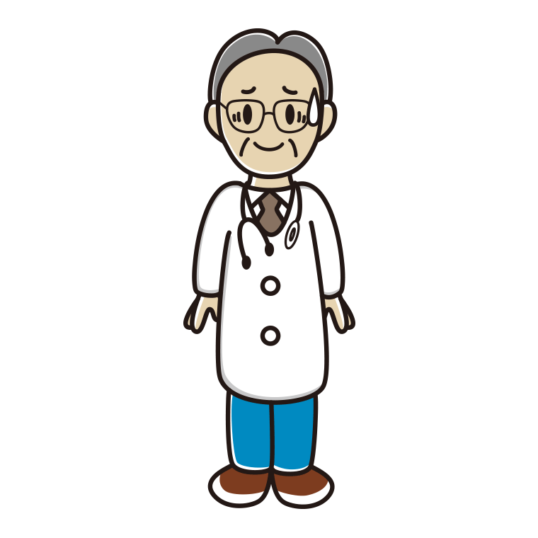 苦笑いする年配男性医師のイラスト【色あり、背景なし】透過PNG