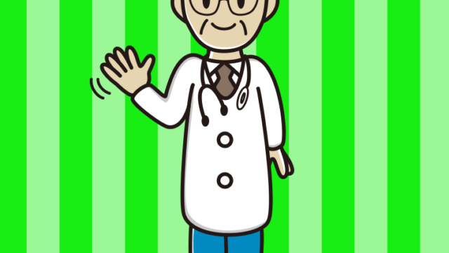 手を振る年配男性医師のイラスト【色、背景あり】PNG