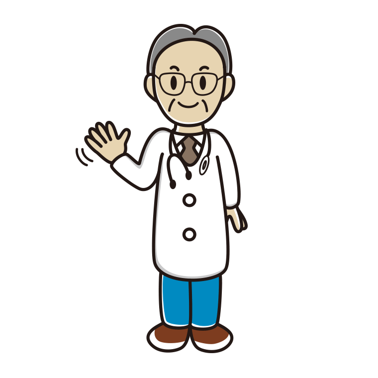 手を振る年配男性医師のイラスト【色あり、背景なし】透過PNG