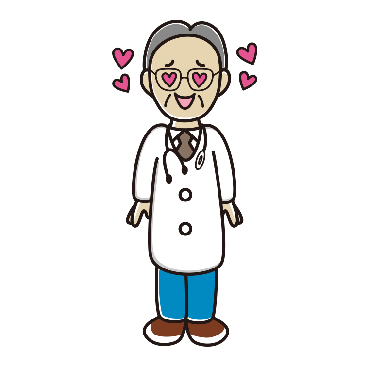 目がハートの年配男性医師のイラスト【色あり、背景なし】透過PNG