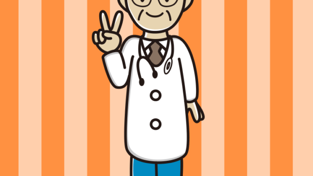 ピースをする年配男性医師のイラスト【色、背景あり】PNG
