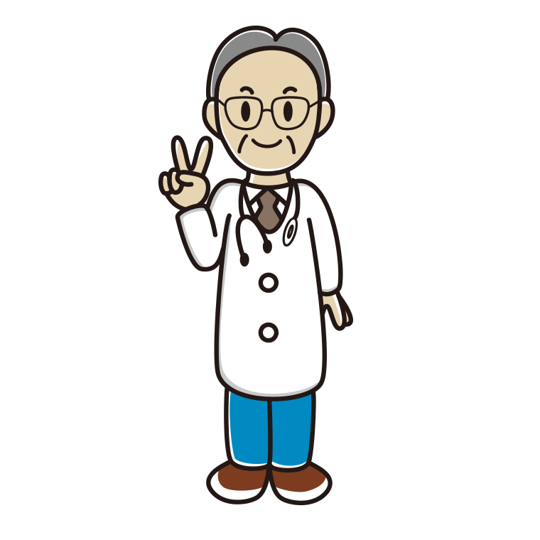 ピースをする年配男性医師のイラスト【色あり、背景なし】透過PNG