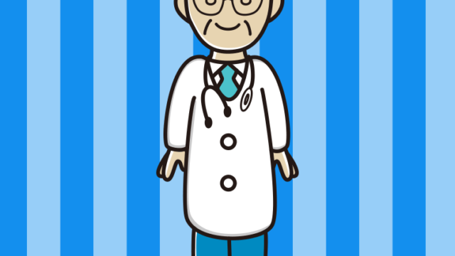 目を閉じる年配男性医師のイラスト【色、背景あり】PNG