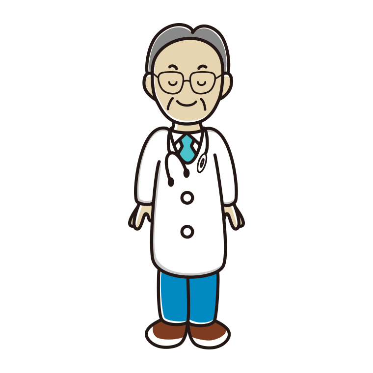 目を閉じる年配男性医師のイラスト【色あり、背景なし】透過PNG