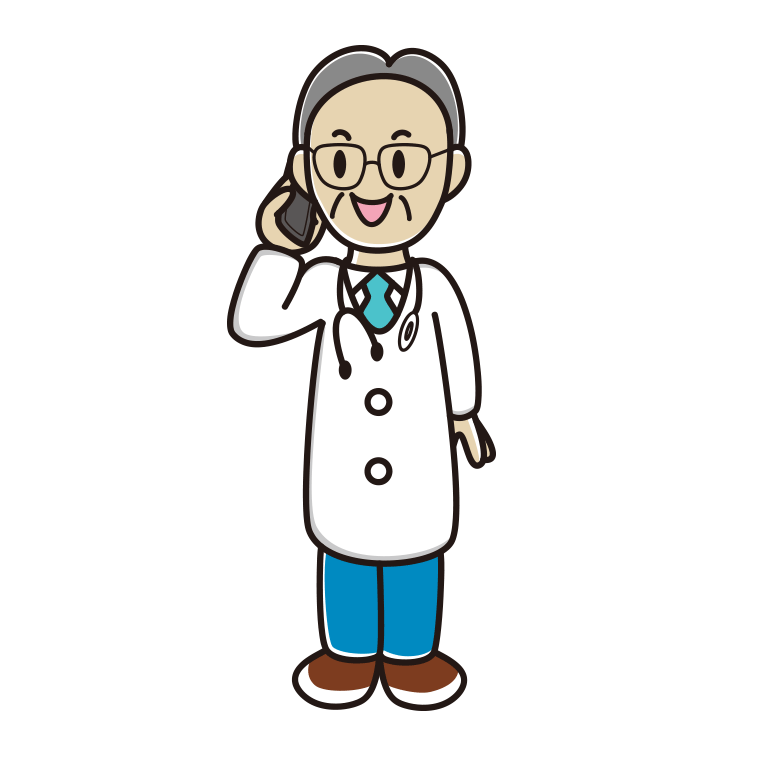 スマホで電話する年配男性医師のイラスト【色あり、背景なし】透過PNG