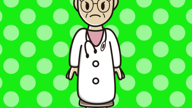 困る年配女性医師のイラスト【色、背景あり】PNG