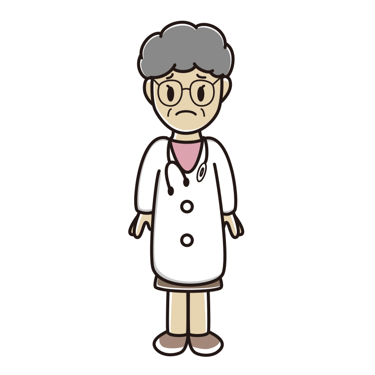 困る年配女性医師のイラスト【色あり、背景なし】透過PNG