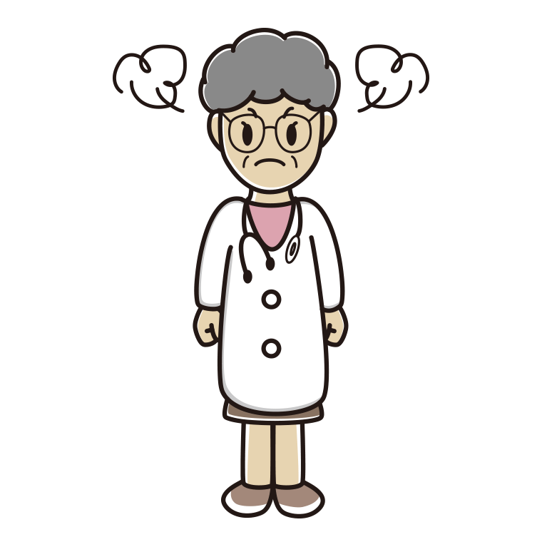 怒る年配女性医師のイラスト【色あり、背景なし】透過PNG