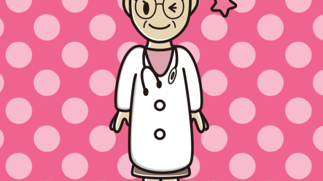 ウインクする年配女性医師のイラスト【色、背景あり】PNG