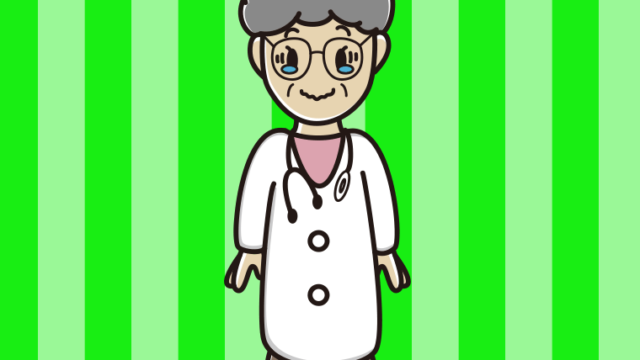 ジーンとする年配女性医師のイラスト【色、背景あり】PNG