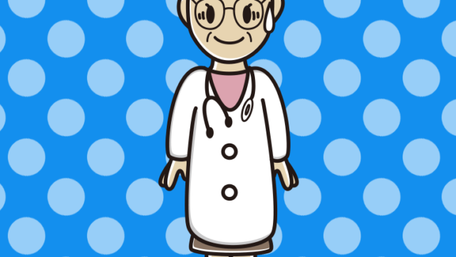 苦笑いする年配女性医師のイラスト【色、背景あり】PNG