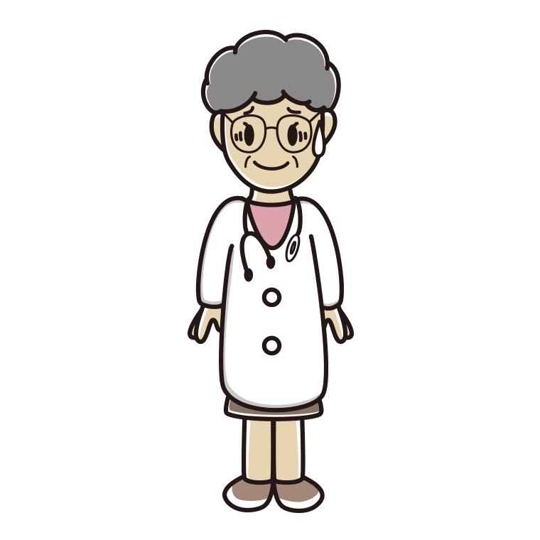 苦笑いする年配女性医師のイラスト【色あり、背景なし】透過PNG