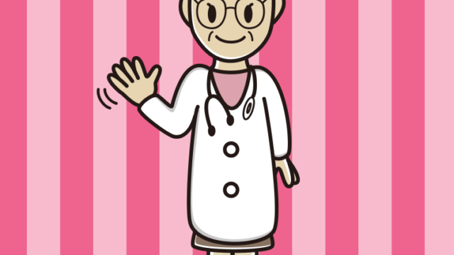手を振る年配女性医師のイラスト【色、背景あり】PNG