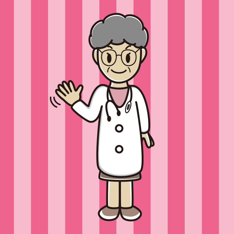 手を振る年配女性医師のイラスト【色、背景あり】PNG