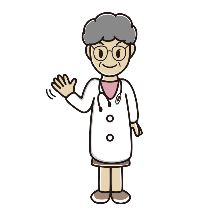 手を振る年配女性医師のイラスト【色あり、背景なし】透過PNG