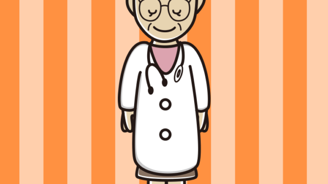 お辞儀する年配女性医師のイラスト【色、背景あり】PNG