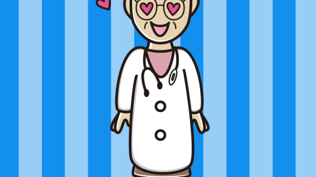 目がハートの年配女性医師のイラスト【色、背景あり】PNG