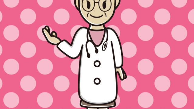 案内する年配女性医師のイラスト【色、背景あり】PNG