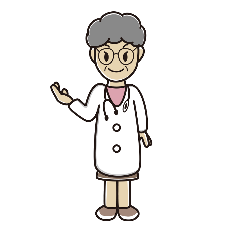 案内する年配女性医師のイラスト【色あり、背景なし】透過PNG