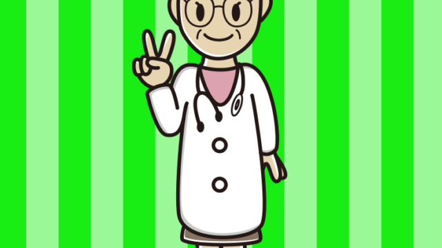 ピースをする年配女性医師のイラスト【色、背景あり】PNG