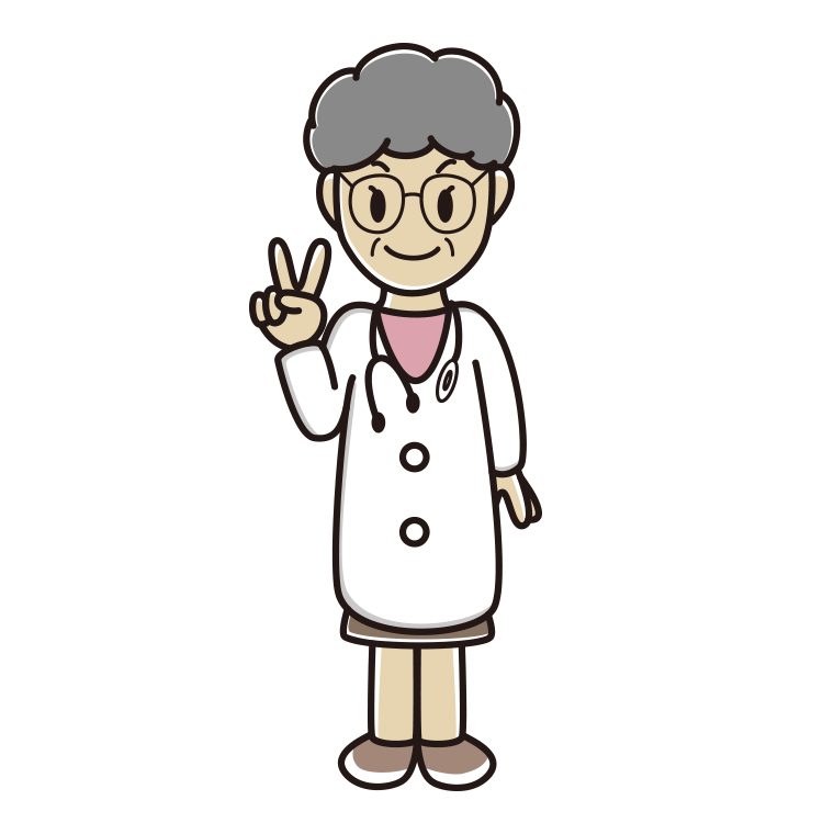 ピースをする年配女性医師のイラスト【色あり、背景なし】透過PNG