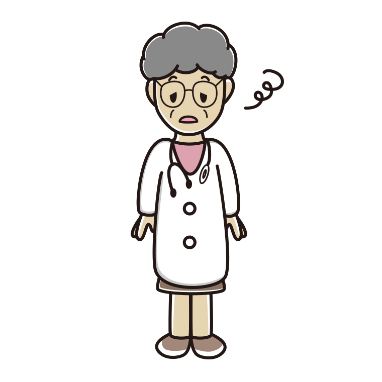 ぼーっとする年配女性医師のイラスト【色あり、背景なし】透過PNG