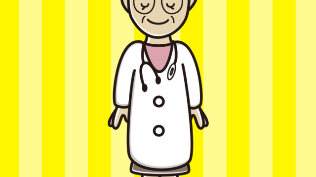 目を閉じる年配女性医師のイラスト【色、背景あり】PNG