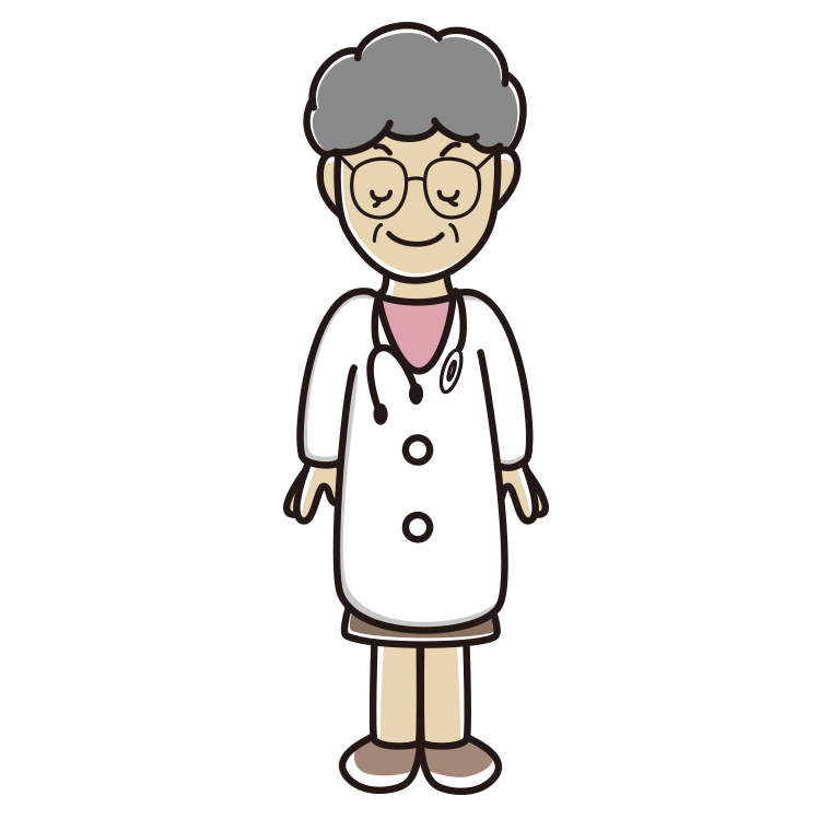 目を閉じる年配女性医師のイラスト【色あり、背景なし】透過PNG