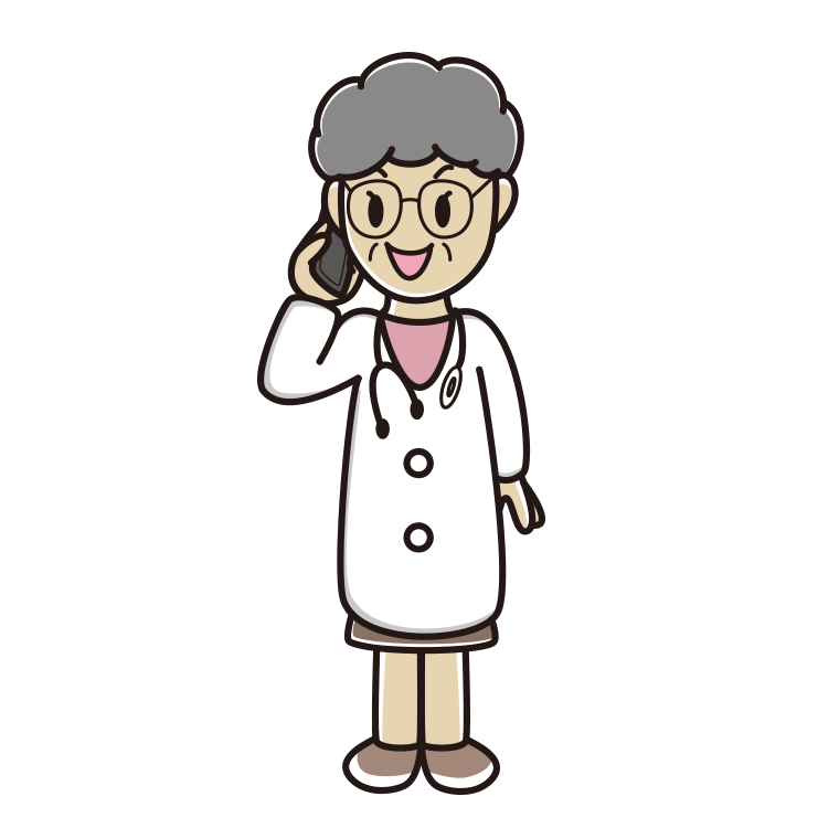 スマホで電話する年配女性医師のイラスト【色あり、背景なし】透過PNG