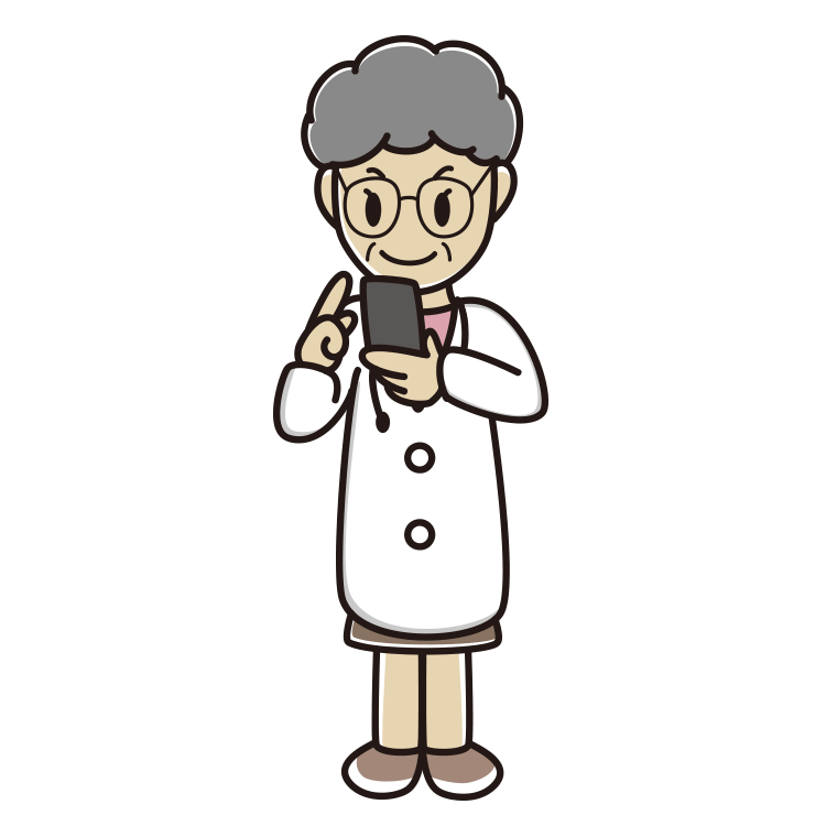 スマホを使う年配女性医師のイラスト【色あり、背景なし】透過PNG