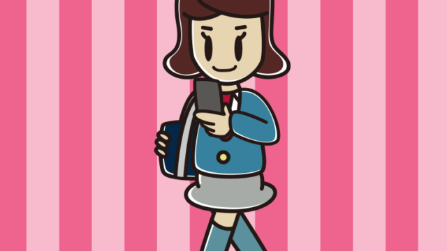 スマホを使いながら通学する女子高校生のイラスト【色、背景あり】PNG