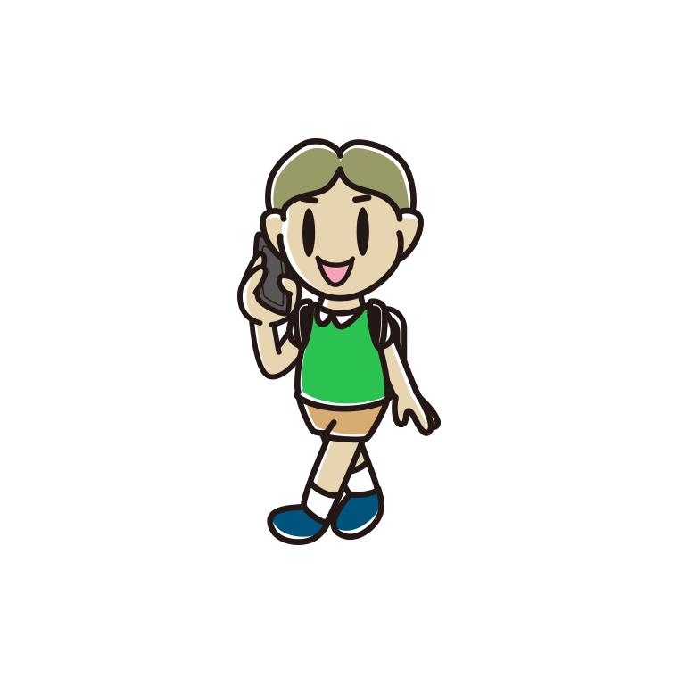 スマホで電話しながら通学する小学生男子のイラスト【色あり、背景なし】透過PNG