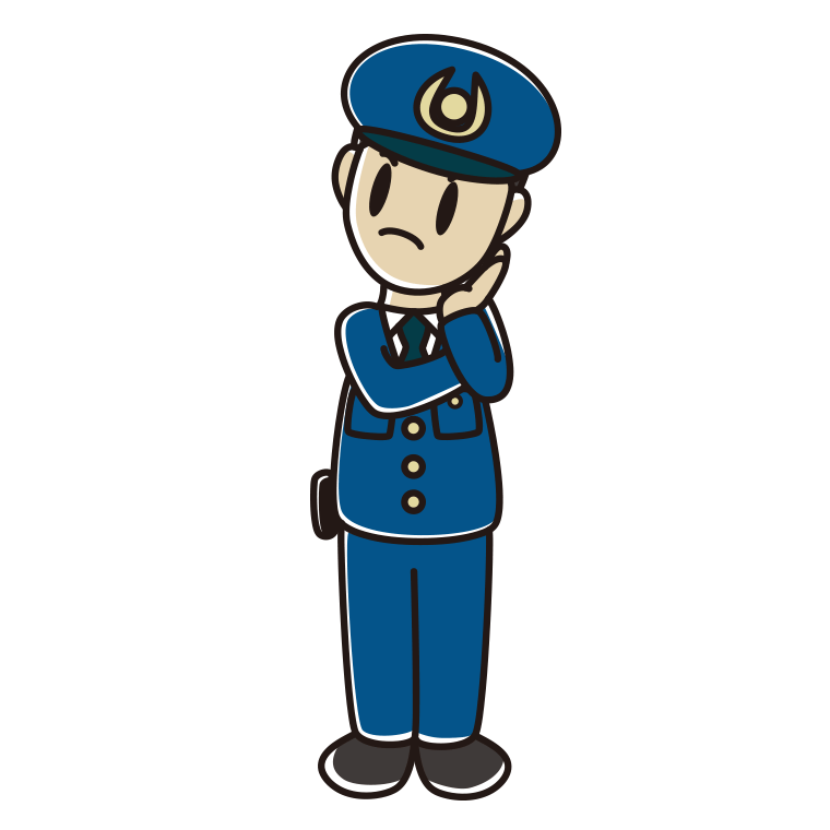 考える男性警察官のイラスト【色あり、背景なし】透過PNG