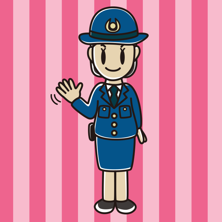 手を振る女性警察官のイラスト【色、背景あり】PNG