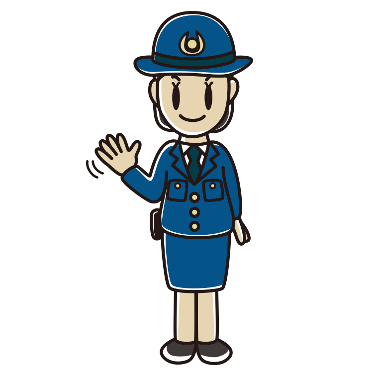手を振る女性警察官のイラスト【色あり、背景なし】透過PNG