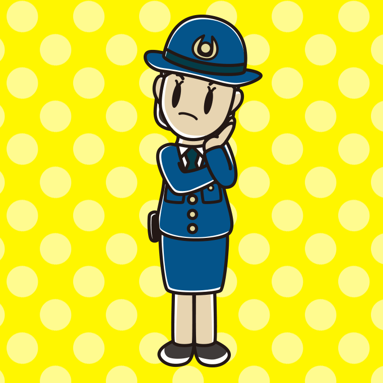 考える女性警察官のイラスト【色、背景あり】PNG