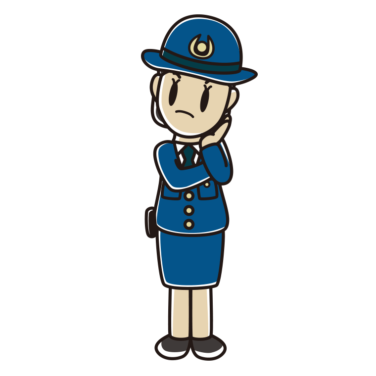 考える女性警察官のイラスト【色あり、背景なし】透過PNG