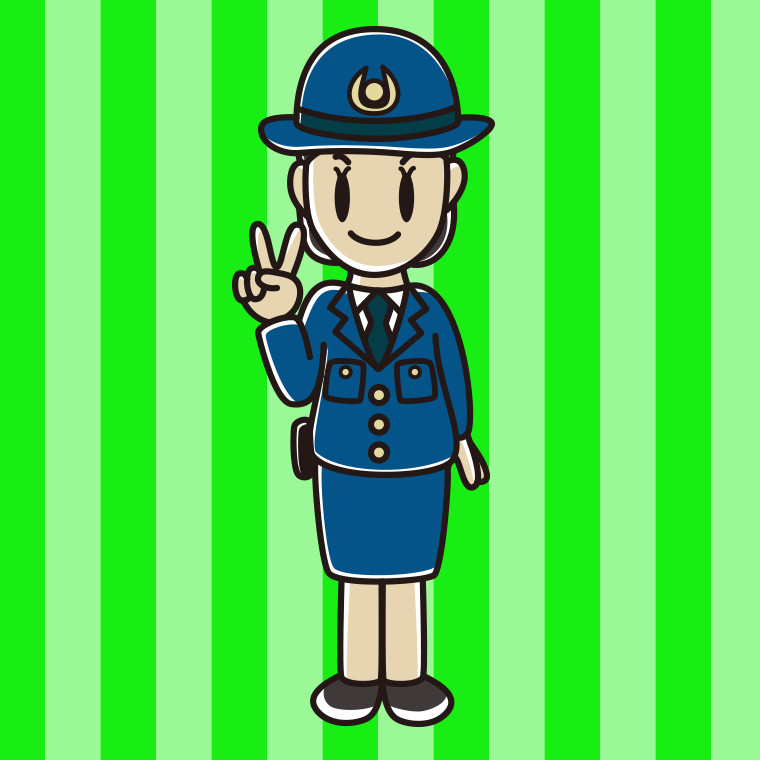 ピースをする女性警察官のイラスト【色、背景あり】PNG