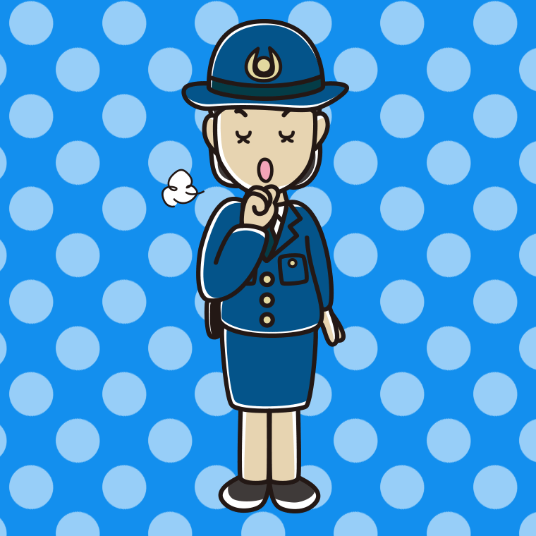 咳払いする女性警察官のイラスト【色、背景あり】PNG