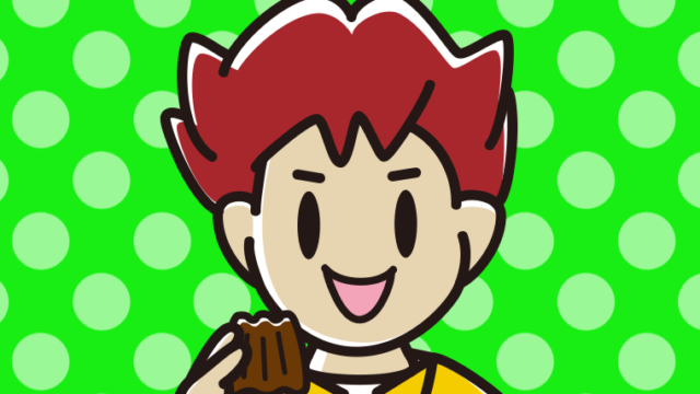 カヌレを食べる男子大学生のイラスト【色、背景あり】PNG