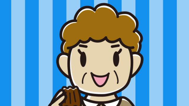 カヌレを食べるおばさんのイラスト【色、背景あり】PNG