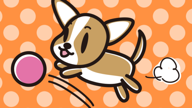 ボールを追うチワワちゃん（犬）のイラスト【色、背景あり】PNG