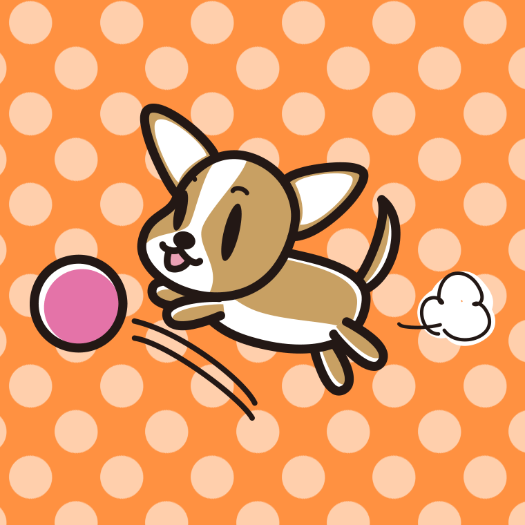 ボールを追うチワワちゃん（犬）のイラスト【色、背景あり】PNG