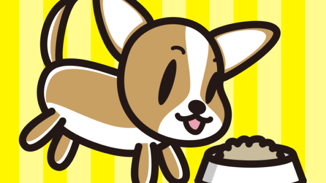 ごはんを食べるチワワちゃん（犬）のイラスト【色、背景あり】PNG