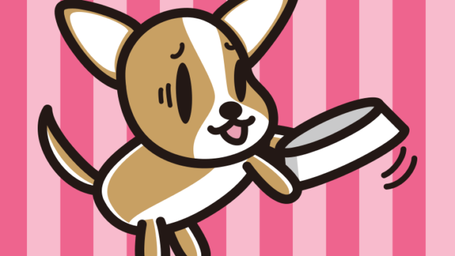 ごはんをもっと食べたいチワワちゃん（犬）のイラスト【色、背景あり】PNG