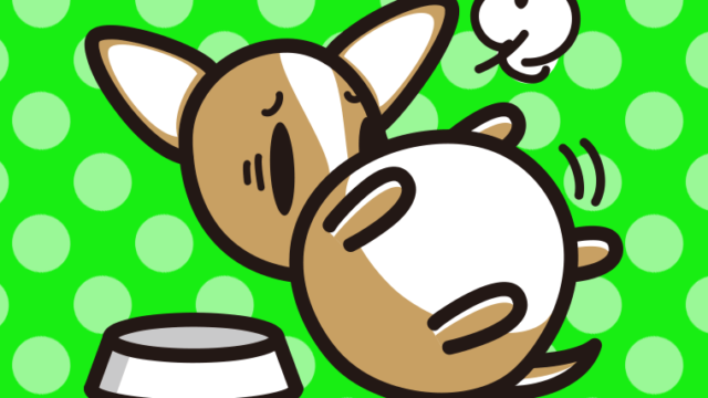 ごはんを食べて満腹なチワワちゃん（犬）のイラスト【色、背景あり】PNG