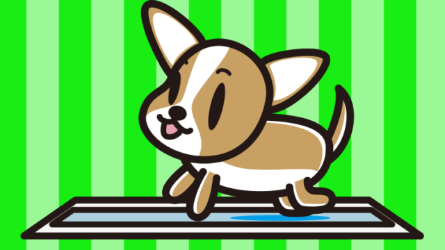 トイレするチワワちゃん（犬）のイラスト【色、背景あり】PNG