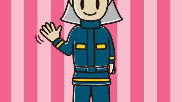 手を振る消防士のイラスト【色、背景あり】PNG