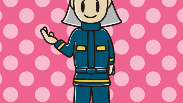 案内する消防士のイラスト【色、背景あり】PNG