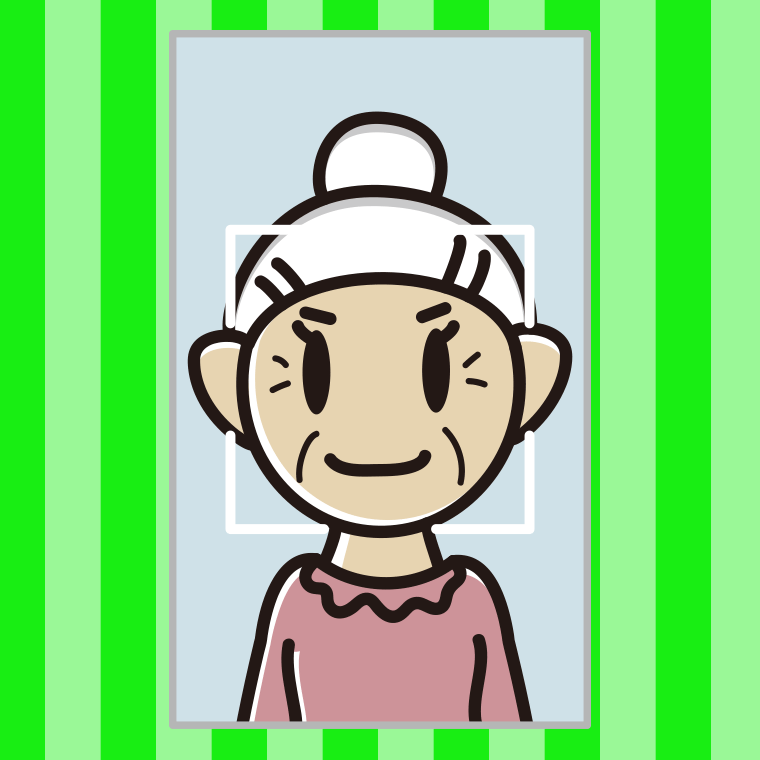 顔認証をするおばあさんのイラスト【色、背景あり】PNG